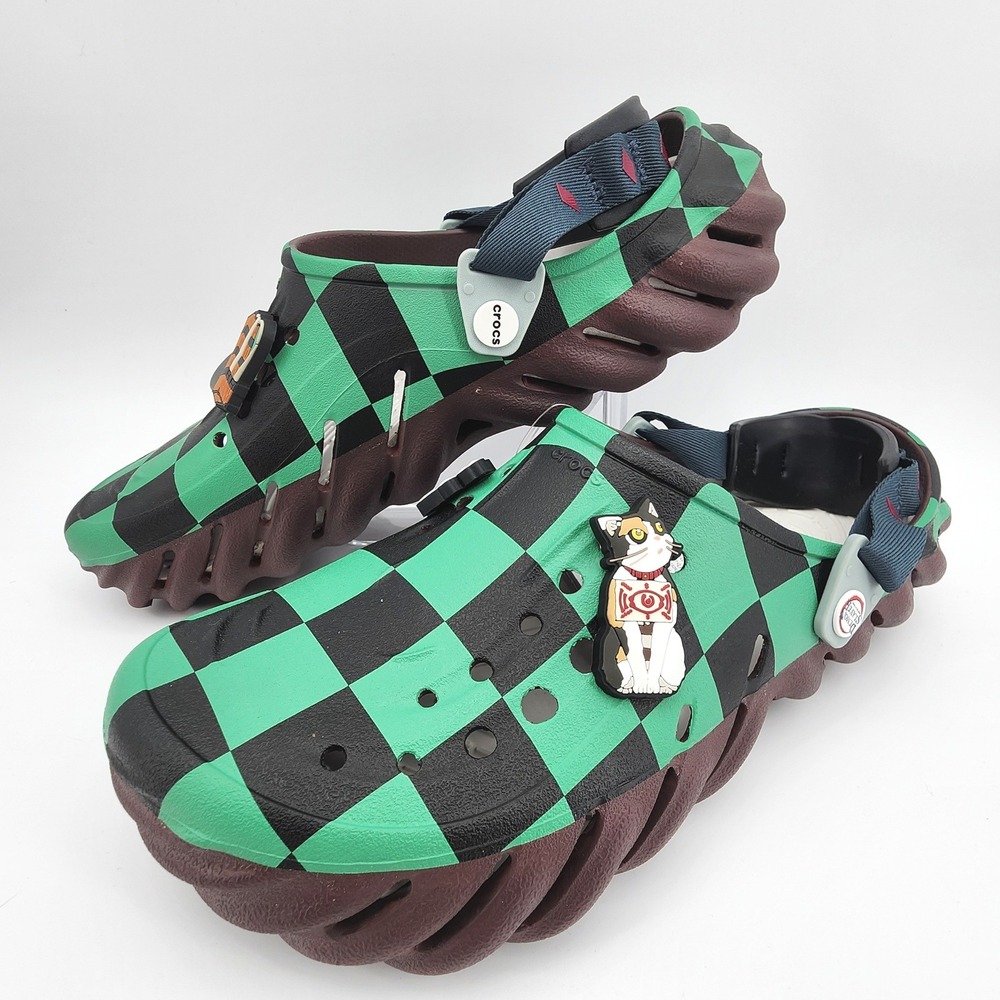 Crocs Echo Clog Demon Slayer Tanjiro Kamado M5/W7 Green Black Checkered NWT